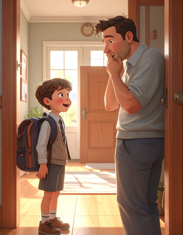 Shocked parent and happy school child